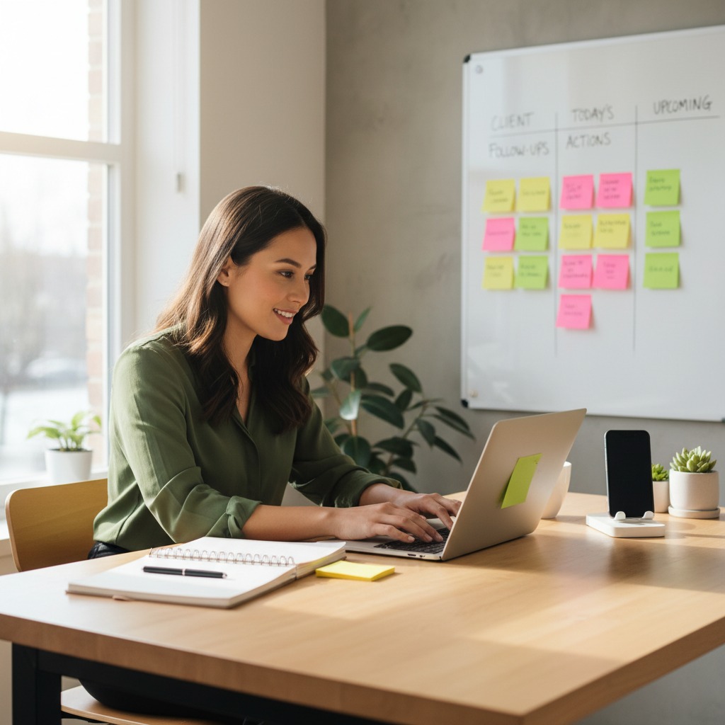 Business owner reviewing client follow ups on a bright desk
